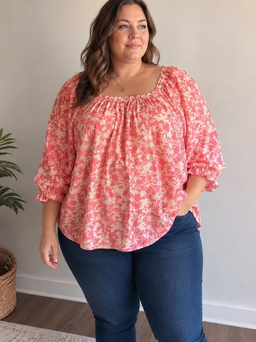 Lane Bryant 32/34 (6X) Coral Cream Floral Peasant Blouse Puff Sleeve Plus Size